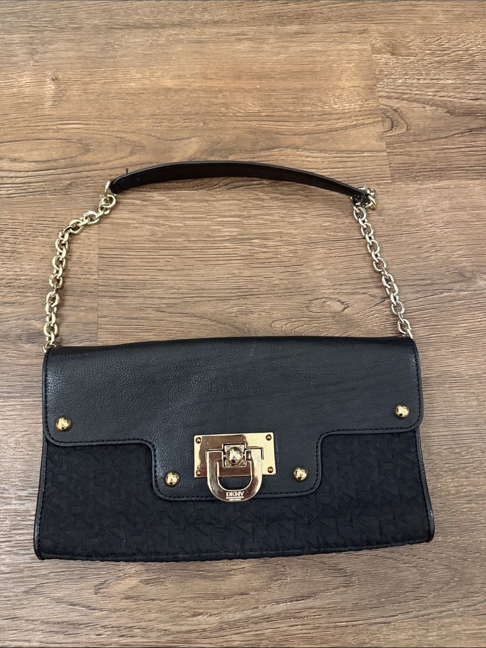 Vintage DKNY Black Shoulder Bag Clutch with Gold Hardware